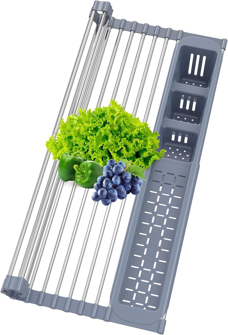 BBXTYLY Expandable Roll Up Dish Drying Rack,Over The Sink Drying Rack Sink Kitchen Accessories Rolling up Stainless Steel Drainer, Foldable with Removable Utensil Holder(Gray) - Image 1