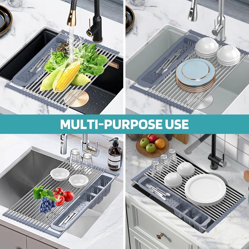 BBXTYLY Expandable Roll Up Dish Drying Rack,Over The Sink Drying Rack Sink Kitchen Accessories Rolling up Stainless Steel Drainer, Foldable with Removable Utensil Holder(Gray) - Image 4