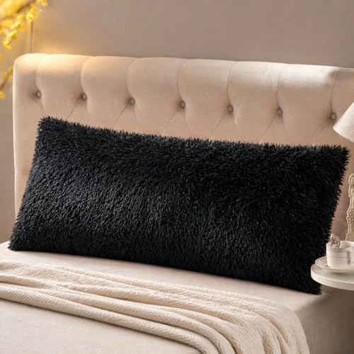 Reafort Luxury Faux Fur Body Pillow Cover 21" x 54", Long Hair PV Plush Body Pillow Case with Hidden Zipper Closure, Ultra Soft Fluffy Decorative Long Pillow Cover (Black, Body) - Image 1