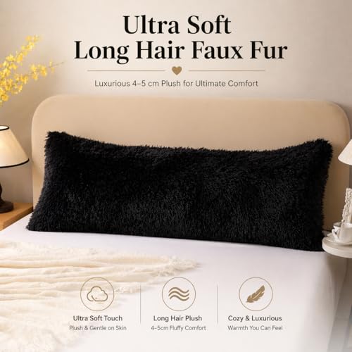 Reafort Luxury Faux Fur Body Pillow Cover 21" x 54", Long Hair PV Plush Body Pillow Case with Hidden Zipper Closure, Ultra Soft Fluffy Decorative Long Pillow Cover (Black, Body) - Image 4