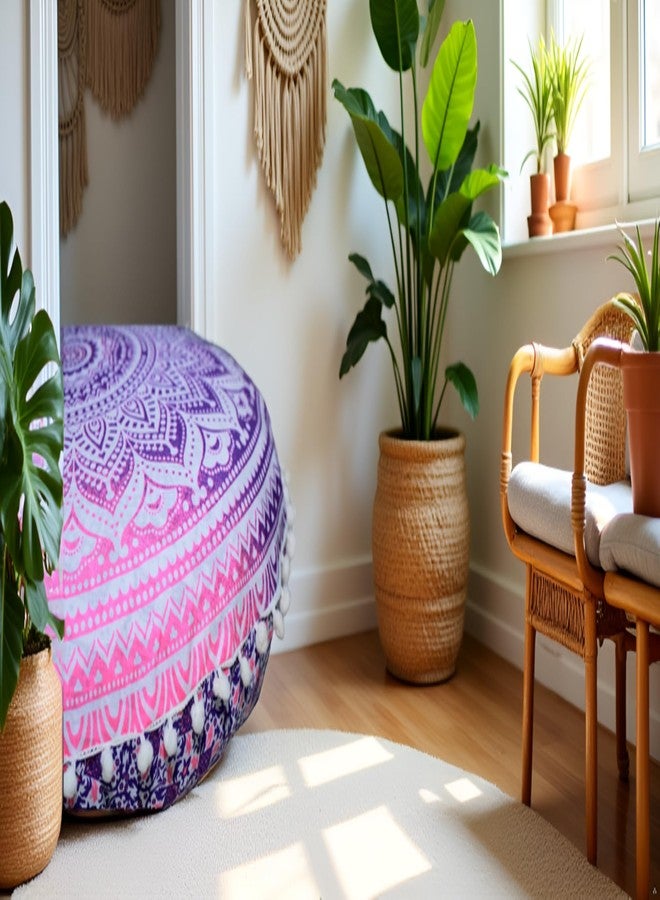 CRAFT KALA Round Mandala Boho Pillow Meditation India Room Seating Poufs for Living Room Yoga Room Home Décor Bedroom Balcony Garden Party Decoration Cotton Floor Cushion Cover (22", Pink Ombre) - Image 2