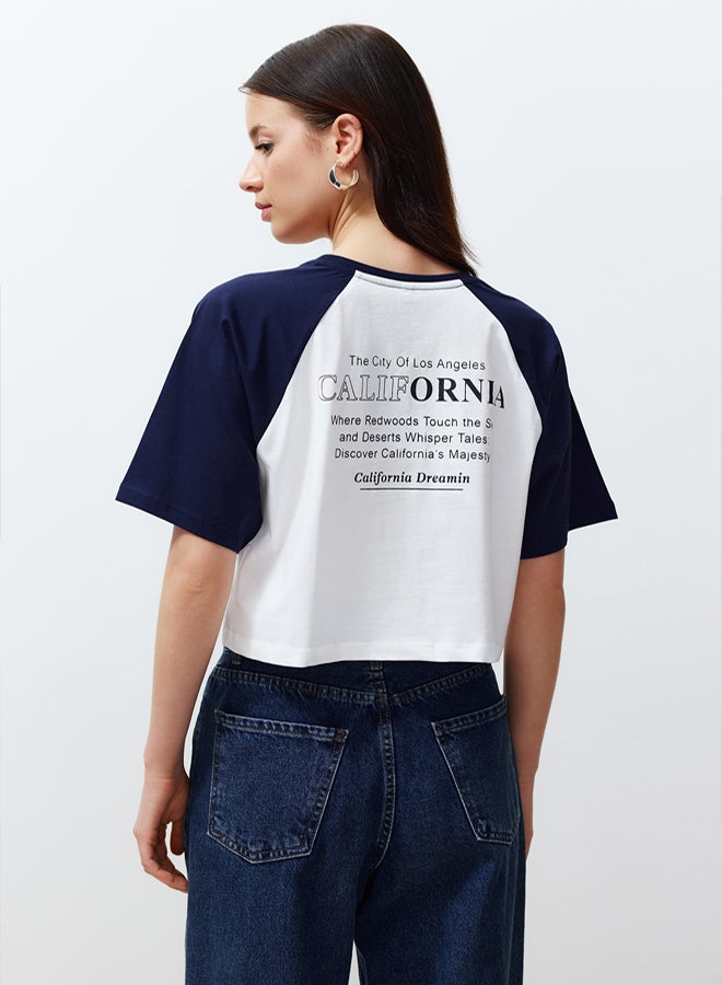 trendyol White 100% Cotton Color Block Slogan Printed Relaxed Crop Knitted T-Shirt - Image 5