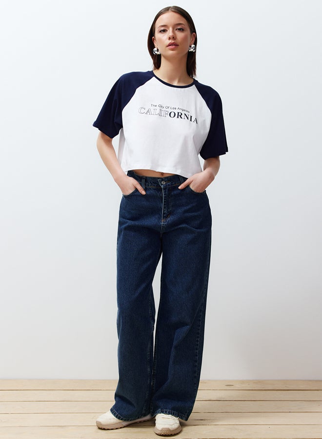 trendyol White 100% Cotton Color Block Slogan Printed Relaxed Crop Knitted T-Shirt - Image 2