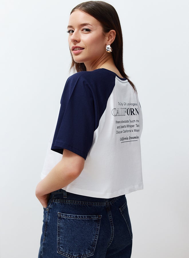 trendyol White 100% Cotton Color Block Slogan Printed Relaxed Crop Knitted T-Shirt - Image 1