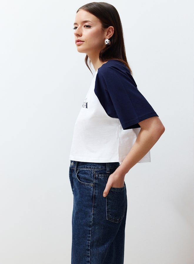 trendyol White 100% Cotton Color Block Slogan Printed Relaxed Crop Knitted T-Shirt - Image 3