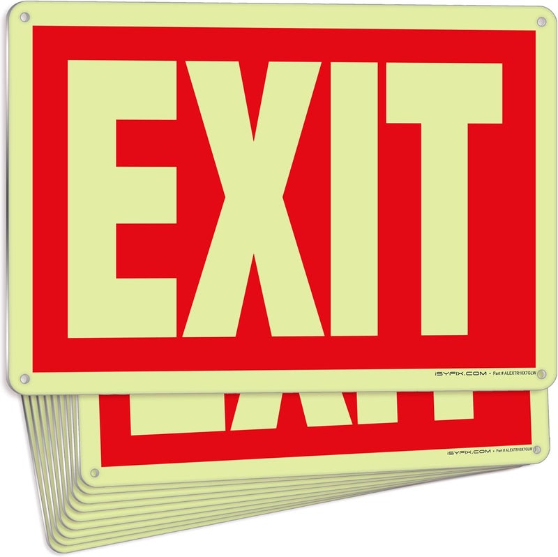 iSYFIX Exit Glow in the Dark Sign Aluminum – 10 Pack 10x7 Inch – Photoluminiscent, Laminated for Ultimate UV, Weather & Fade Resistance, Indoor & Outdoor for Business, School, Office, Warehouse - Image 1