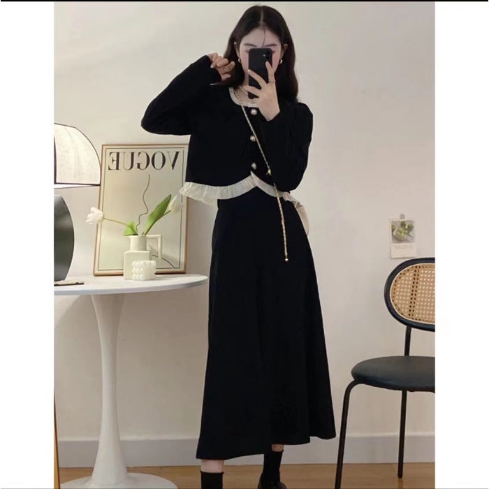 French Chic Jacket Skirt Set Womens Autumn Hyx#black 881