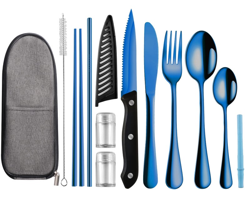 Logcow Travel Utensils Set with Case, 10-Piece Reusable Stainless Steel Camping Cutlery, Portable Fork Spoon Knife Chopsticks & Straw for Work, Lunch, Picnic (Blue) - Image 1