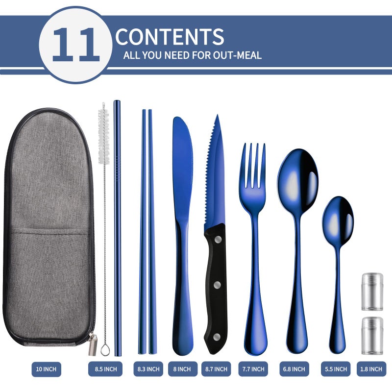 Logcow Travel Utensils Set with Case, 10-Piece Reusable Stainless Steel Camping Cutlery, Portable Fork Spoon Knife Chopsticks & Straw for Work, Lunch, Picnic (Blue) - Image 2
