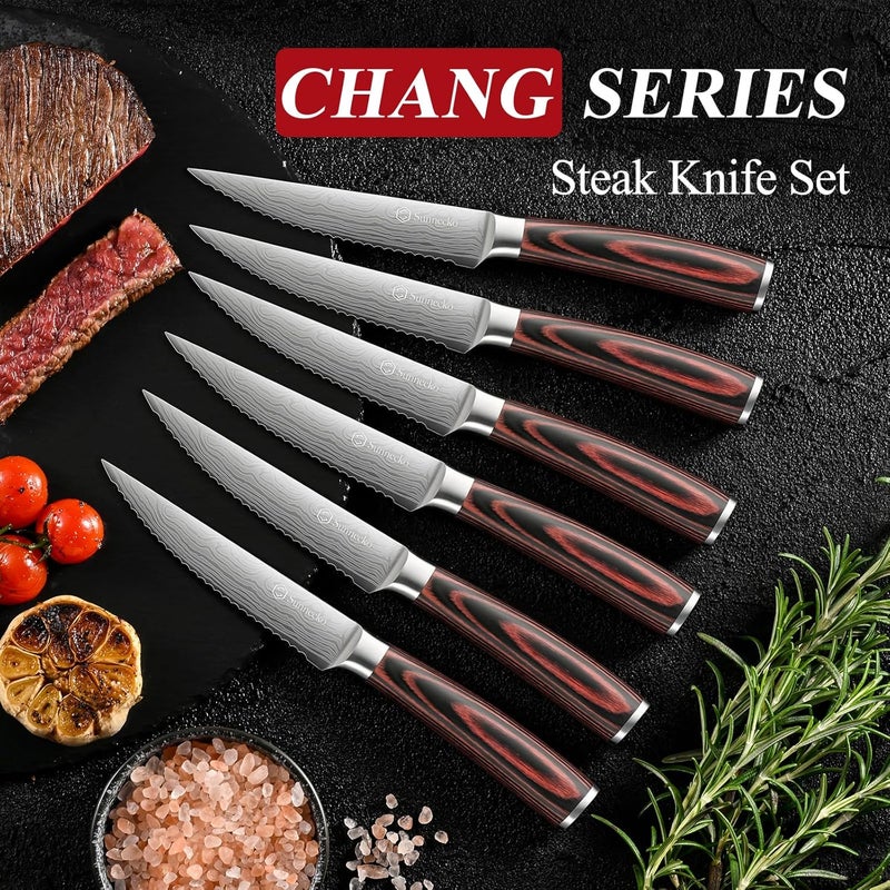 Sunnecko Steak Knives Set of 6,Premium Stainless Steel Serrated Steak Knife Set,Pakkawood Handle 4.5 Inch Kitchen Steak Knife with Gift Box - Image 3