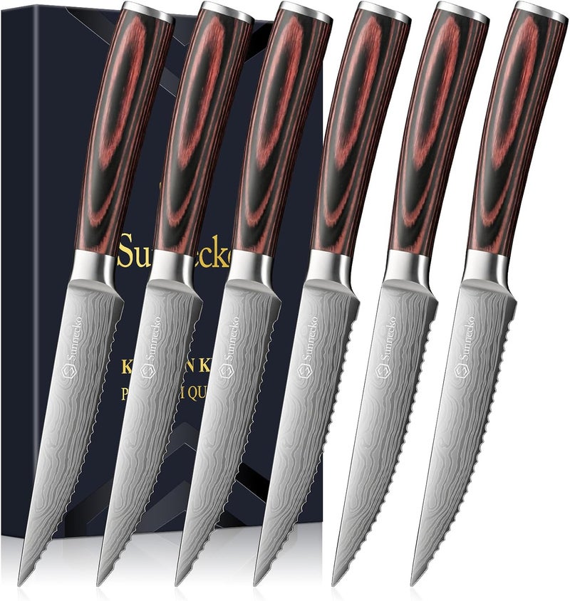 Sunnecko Steak Knives Set of 6,Premium Stainless Steel Serrated Steak Knife Set,Pakkawood Handle 4.5 Inch Kitchen Steak Knife with Gift Box - Image 1