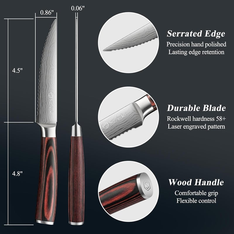 Sunnecko Steak Knives Set of 6,Premium Stainless Steel Serrated Steak Knife Set,Pakkawood Handle 4.5 Inch Kitchen Steak Knife with Gift Box - Image 4