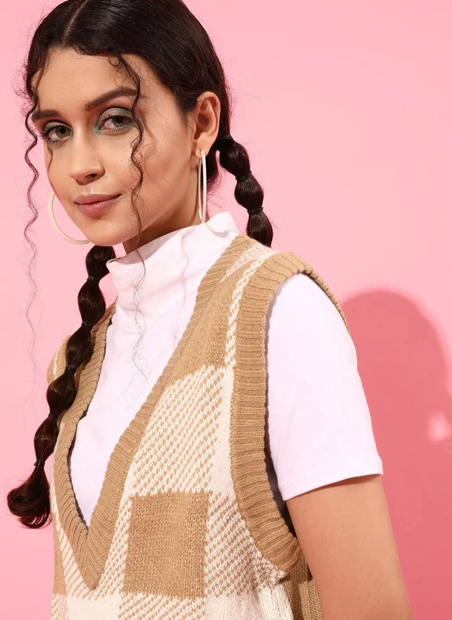 STREET 9 سترة صوف كاروهات نسائية بني غامق