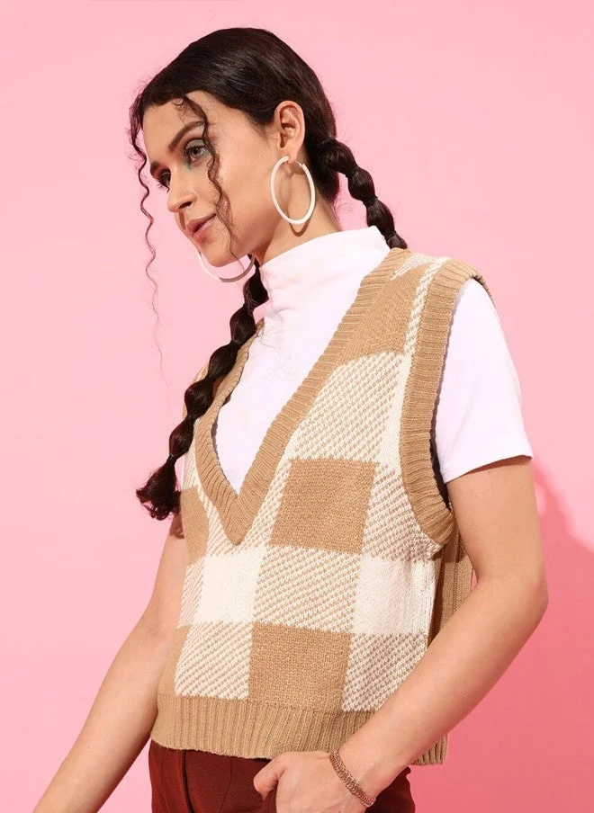 Checked Sweater Vest for Women in Deep Brown
