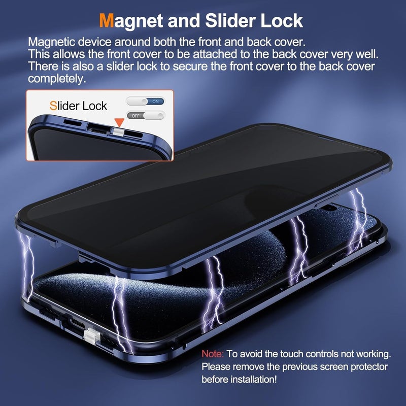 Excefore Privacy Case With Iphone 15 Pro Max, 360 Degree Front And Back Privacy Tempered Glass Cover, Anti Peep Magnetic, Magnetic Metal Bumper Anti Peep Cover For Iphone 15 Pro Max, Black - Image 4