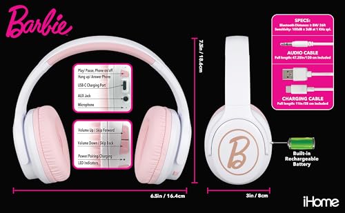 EKIDS - Barbie Wireless Headphones for Kids, Bluetooth Headphones for School, Home, - Image 4