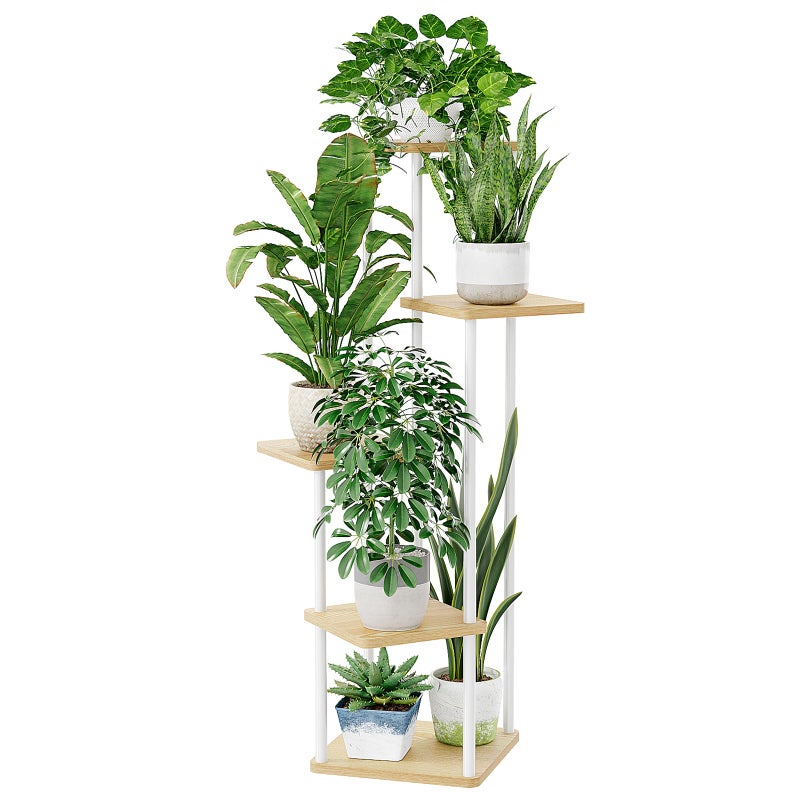 Bamworld White Plant Stand Indoor 5 Tier Plant Shelf for Multiple Plants Corner Flower Stand Metal Wood Plant Table for Patio Garden Balcony Living Room Bedroom - Image 1