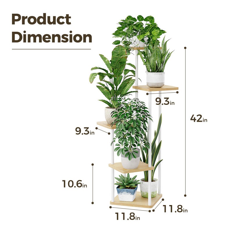 Bamworld White Plant Stand Indoor 5 Tier Plant Shelf for Multiple Plants Corner Flower Stand Metal Wood Plant Table for Patio Garden Balcony Living Room Bedroom - Image 5