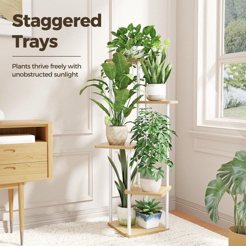 Bamworld White Plant Stand Indoor 5 Tier Plant Shelf for Multiple Plants Corner Flower Stand Metal Wood Plant Table for Patio Garden Balcony Living Room Bedroom - Image 2