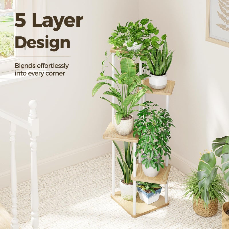 Bamworld White Plant Stand Indoor 5 Tier Plant Shelf for Multiple Plants Corner Flower Stand Metal Wood Plant Table for Patio Garden Balcony Living Room Bedroom - Image 4