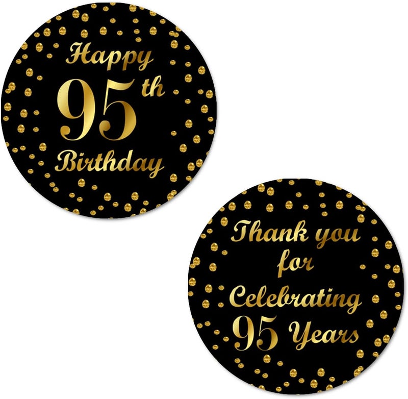 RokAPary 95th Birthday Round 2 Inch Big Glossy Stickers Thank You for Celebrating 95 Years Black and Gold Labels Great for Party Favors Decorations Tags Gift Bags and Supplies Made in USA - Image 1