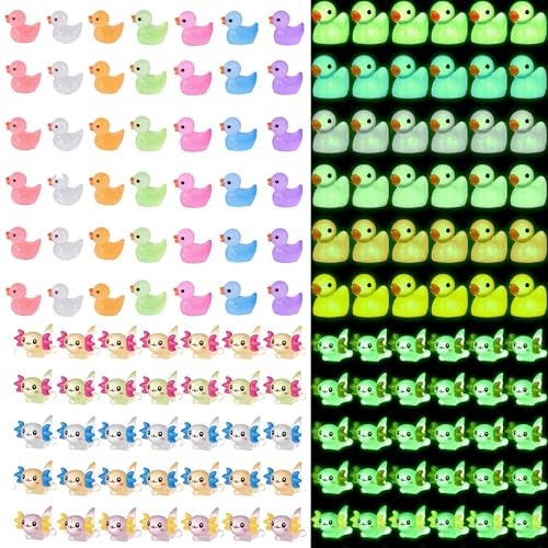 Barydat 100 Pcs Luminous Mini Resin Ducks Axolotls Bulk Glow in The Dark Tiny Ducks Animals Miniature Axolotls Figurines for Hide and See Decor Dollhouse Decor Landscape Garden Toys for Crafts DIY - Image 1
