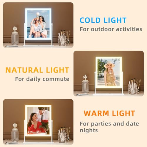 FENCHILIN Vanity Mirror with Lights 11.8" x 9.8",Lighted Makeup Mirror and Hollywood Mirror with Smart Touch Control 3 Colors Dimmable LED Light, 360°Rotation 10X Magnification(White) - Image 2