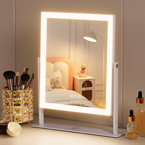 FENCHILIN Vanity Mirror with Lights 11.8" x 9.8",Lighted Makeup Mirror and Hollywood Mirror with Smart Touch Control 3 Colors Dimmable LED Light, 360°Rotation 10X Magnification(White) - Image 1
