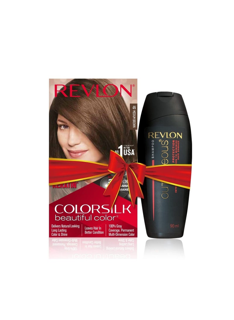 REVLON ColorSilk Hair Color with Keratin - 4N Medium Brown - (with Outrageous Shampoo 90 ml) - Image 1