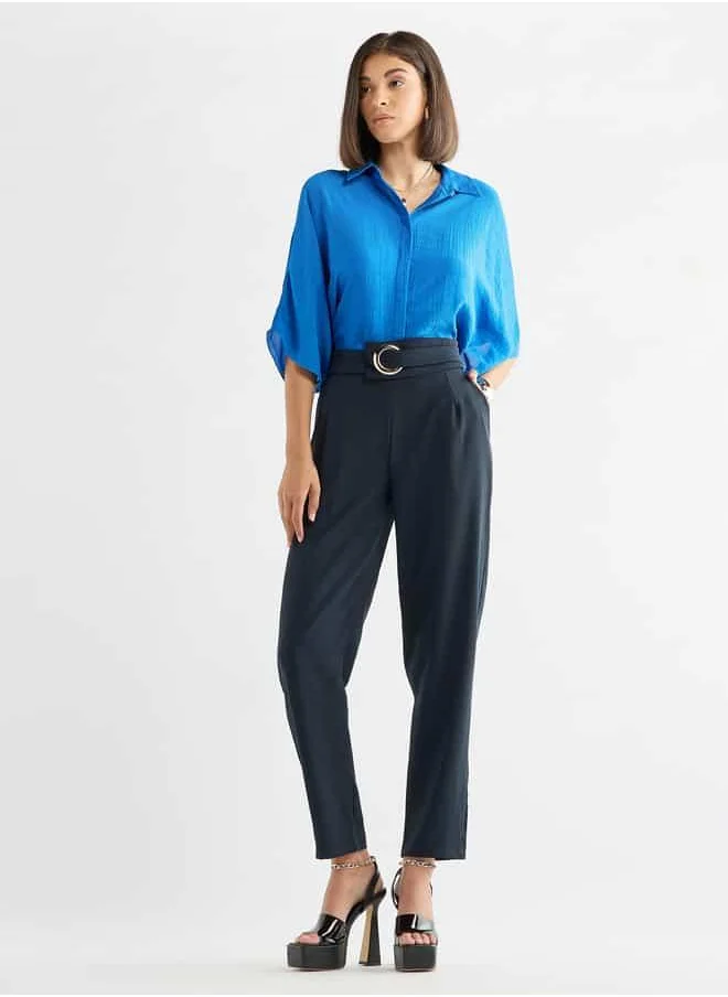 FAV Solid Straight Fit Trousers with Belt Detail and Pockets