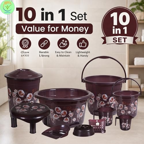 VeleSolv Heavy Duty Virgin Plastic Large Capacity 20 L Bucket, 7 L Bucket, Patla, 22 L Deep Tub, Dustbin, 1.5 L Mug, 1 L Mug, Soap Case, Dustpan, Tooth Brush Stand Bathroom Set (Q.Chocolate) - 10 PC - Image 2