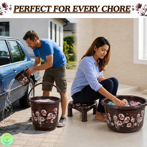 VeleSolv Heavy Duty Virgin Plastic Large Capacity 20 L Bucket, 7 L Bucket, Patla, 22 L Deep Tub, Dustbin, 1.5 L Mug, 1 L Mug, Soap Case, Dustpan, Tooth Brush Stand Bathroom Set (Q.Chocolate) - 10 PC - Image 5