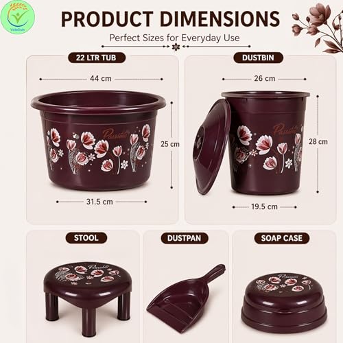 VeleSolv Heavy Duty Virgin Plastic Large Capacity 20 L Bucket, 7 L Bucket, Patla, 22 L Deep Tub, Dustbin, 1.5 L Mug, 1 L Mug, Soap Case, Dustpan, Tooth Brush Stand Bathroom Set (Q.Chocolate) - 10 PC - Image 4