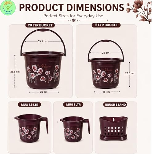 VeleSolv Heavy Duty Virgin Plastic Large Capacity 20 L Bucket, 7 L Bucket, Patla, 22 L Deep Tub, Dustbin, 1.5 L Mug, 1 L Mug, Soap Case, Dustpan, Tooth Brush Stand Bathroom Set (Q.Chocolate) - 10 PC - Image 3