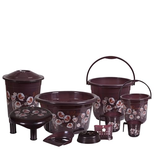 VeleSolv Heavy Duty Virgin Plastic Large Capacity 20 L Bucket, 7 L Bucket, Patla, 22 L Deep Tub, Dustbin, 1.5 L Mug, 1 L Mug, Soap Case, Dustpan, Tooth Brush Stand Bathroom Set (Q.Chocolate) - 10 PC - Image 1