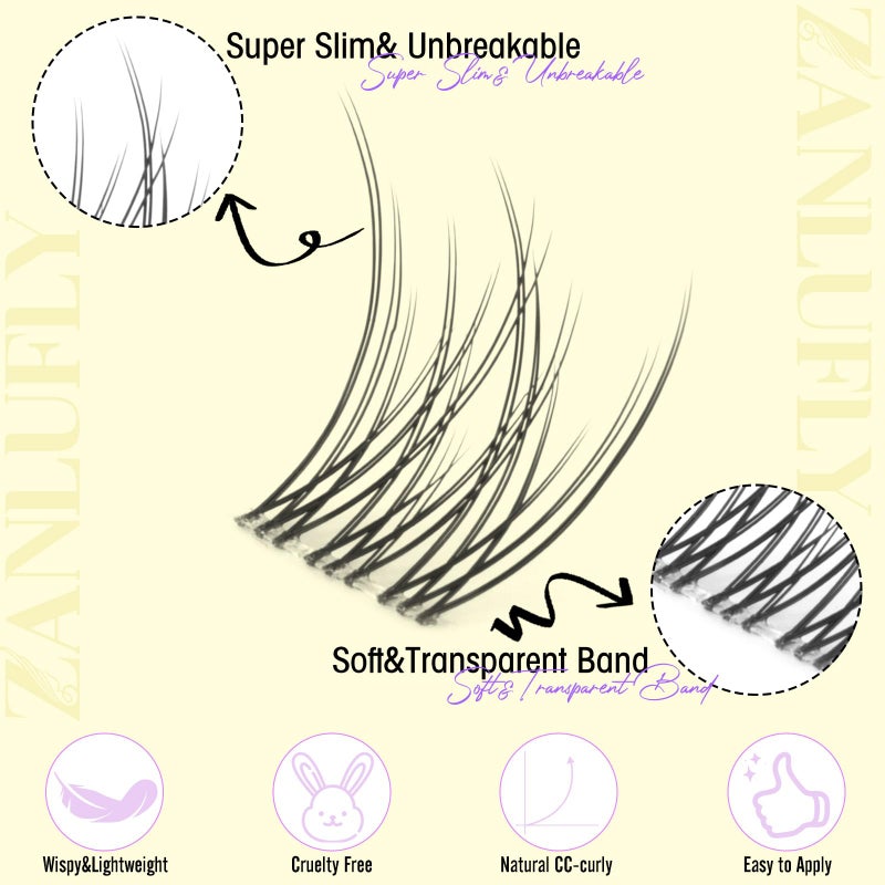 zanlufly Cluster Lashes Natural Eyelash Clusters CC-Curly Eyelash Extension Wispy Individual Lashes Clusters Clear Band ZANLUFLY DIY Lash Extension (9MM 10MM 11MM,140Pcs) - Image 2