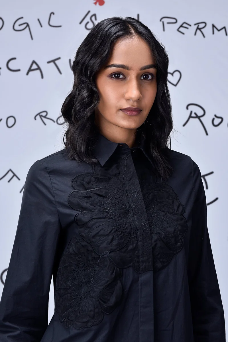 Genes Lecoanet Hemant Black Giza Cotton Poplin Shirt with Tonal AppliquÃ© Detailing