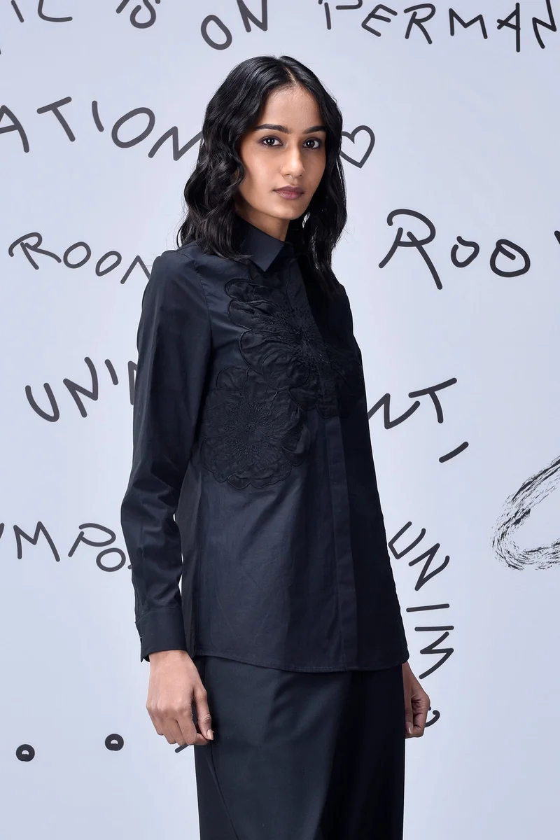 Genes Lecoanet Hemant Black Giza Cotton Poplin Shirt with Tonal AppliquÃ© Detailing