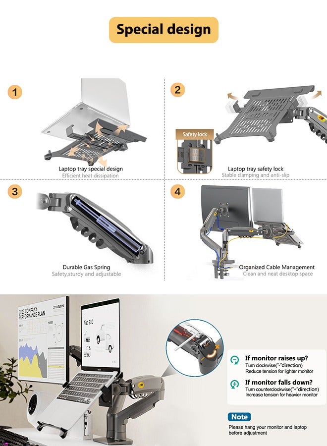 NB NORTH BAYOU Laptop Mount with Adjustable Tray for 10-17”Notebook, Full Motion Arm with VESA Plate for 17-30”Monitor,Clamp-on Grommet Mounting F160-FP (Black) - Image 4