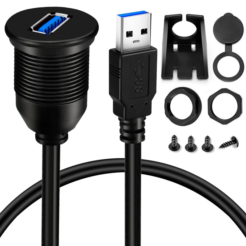 BATIGE Single Port USB 3.0 Male to USB 3.0 Female Car Mount Flush Cable Waterproof for Car Truck Boat Motorcycle Dashboard Panel - 6ft - Image 1
