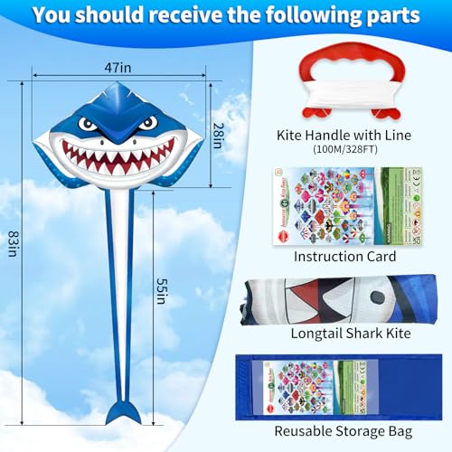 Hymaz Kites for Kids Ages 4-8 8-12, Large Shark Kite Easy to Fly for Kids & Adults, Beach Kites Toys with 328ft String and Handle, Beginner Kite for Boys Girls Outdoor Activities Summer Beach Games - Image 4