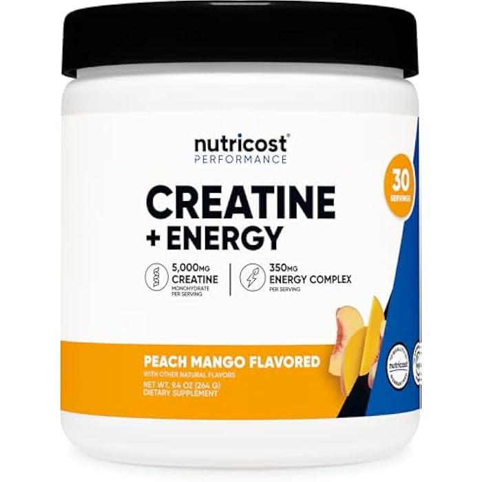 Nutricost Creatine + Energy 30 Servings (Peach Mango Flavored) - 5,000mg Creatine Monohydrate + 350mg Energy Complex Per Serving - Image 1