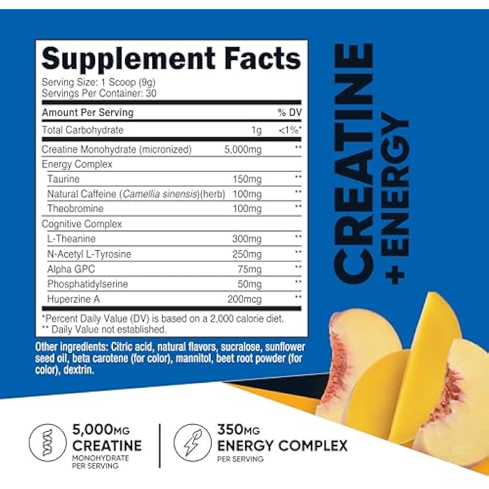 Nutricost Creatine + Energy 30 Servings (Peach Mango Flavored) - 5,000mg Creatine Monohydrate + 350mg Energy Complex Per Serving - Image 2