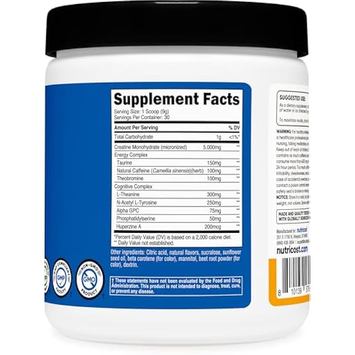 Nutricost Creatine + Energy 30 Servings (Peach Mango Flavored) - 5,000mg Creatine Monohydrate + 350mg Energy Complex Per Serving - Image 5