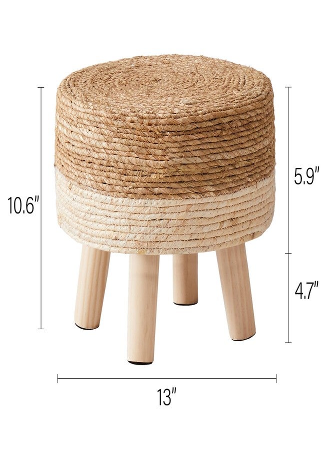 Cpintltr Foot Stool Natural Seagrass Hand Weave Poufs Round Ottoman for Couch Desk Soft Step Stool Padded Foot Rest with Non-Skid Pine Legs for Hallway Office Lounge Natural/White - Image 2