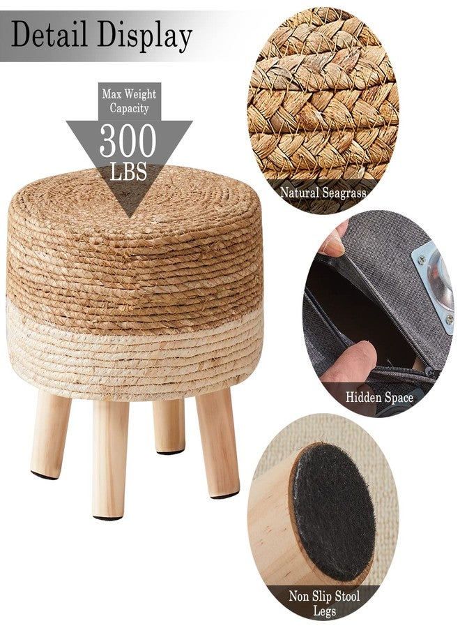 Cpintltr Foot Stool Natural Seagrass Hand Weave Poufs Round Ottoman for Couch Desk Soft Step Stool Padded Foot Rest with Non-Skid Pine Legs for Hallway Office Lounge Natural/White - Image 3