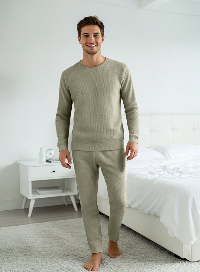 trendyol Light Khaki Men's Waffle Raglan Sleeve Regular Fit Knitted Men's Pajama Set - Image 1