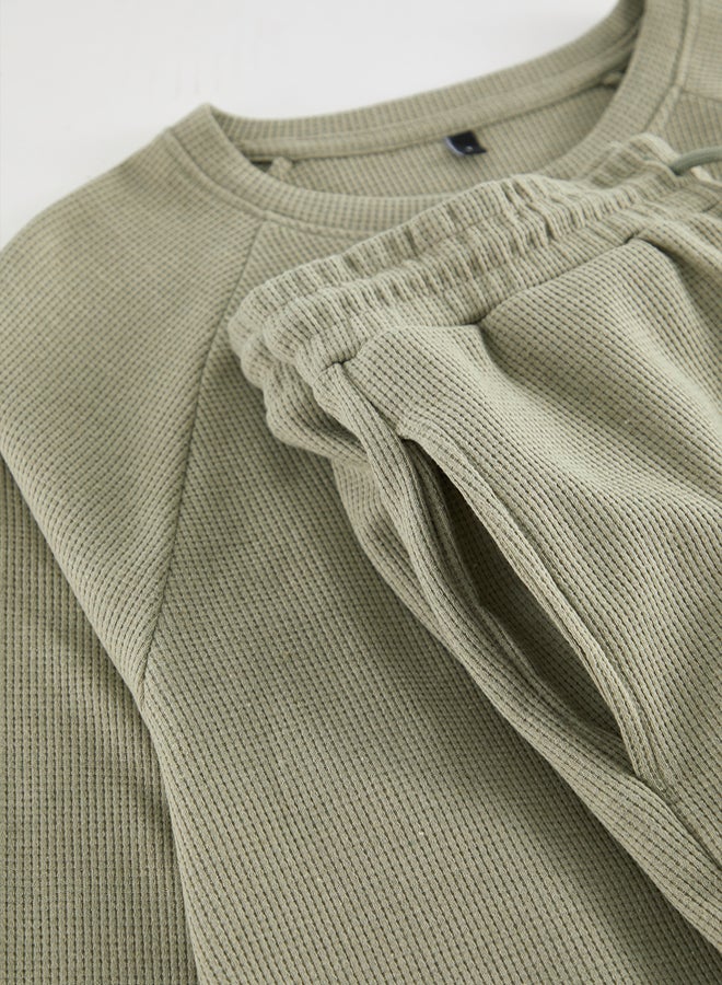 trendyol Light Khaki Men's Waffle Raglan Sleeve Regular Fit Knitted Men's Pajama Set - Image 3