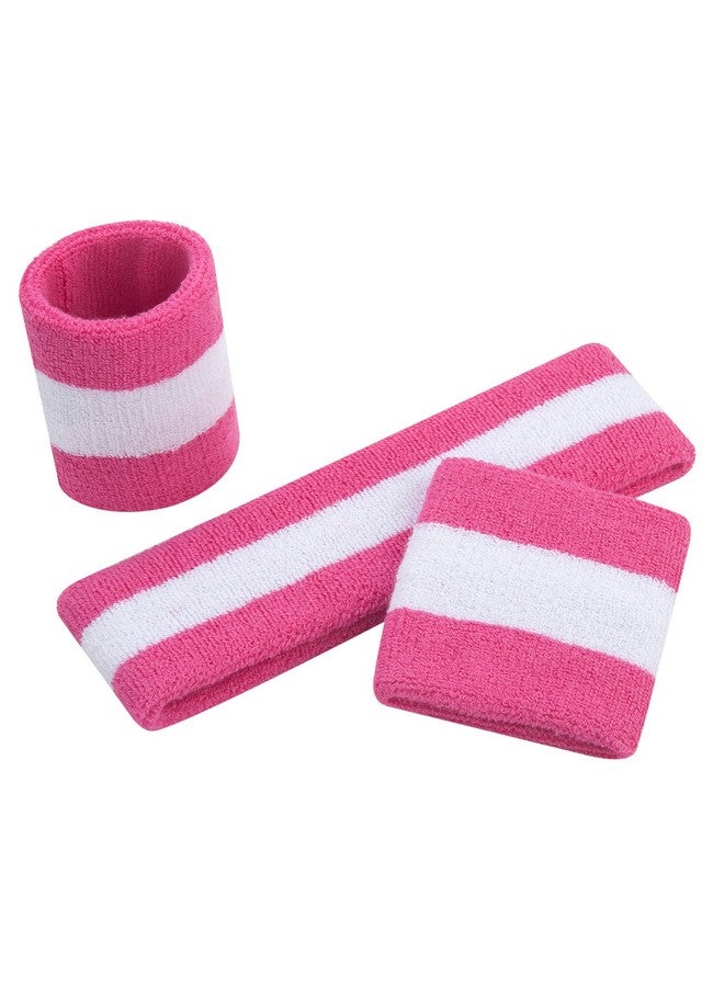 OnUpgo Sweatband Set Sports Headband Wristband Set Sweatbands Terry Cloth Wristband Wrist Sweatband Headbands Moisture Wicking Sweat Absorbing Head Band (Pink/White/Pink)  - Image 3