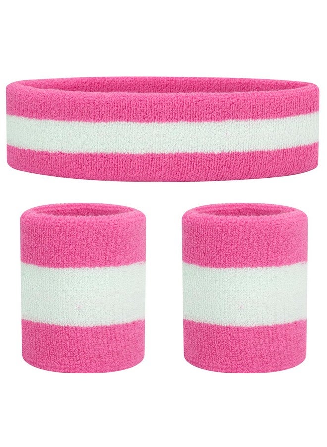 OnUpgo Sweatband Set Sports Headband Wristband Set Sweatbands Terry Cloth Wristband Wrist Sweatband Headbands Moisture Wicking Sweat Absorbing Head Band (Pink/White/Pink)  - Image 2